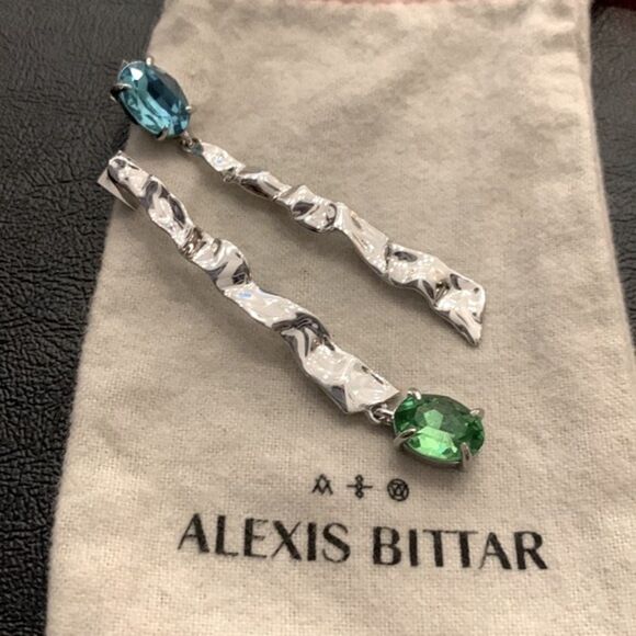 Alexis Bittar Asymmetrical Linear Earrings, Rhodium Crumpled Metal + Crystals - Picture 1 of 9